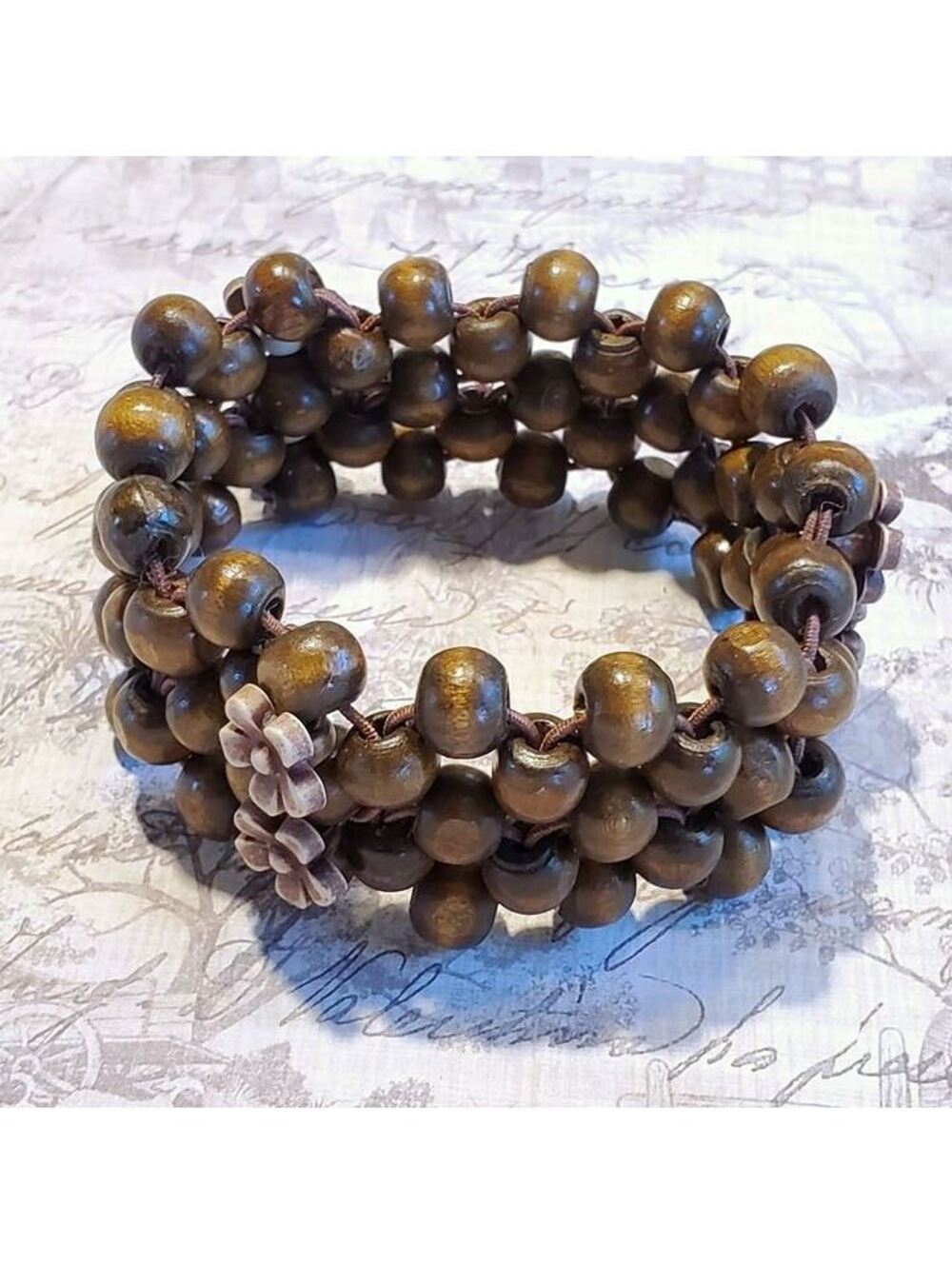 90s Y2K Vintage Boho Brown Wood Mauve Acrylic Flower Beads Stretch Bracelet